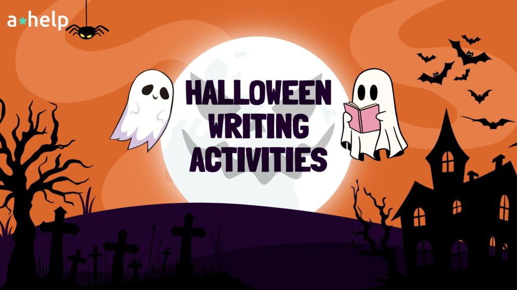 halloween-styled cover with scary moon, cute ghosts, mansion, and bats