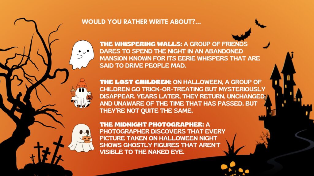 halloween-styled image with castle, tree and free cute ghosts on the orange background