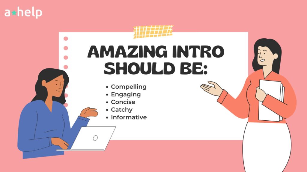 colorful image with billboard, two students and heading "amazing intro should be:"