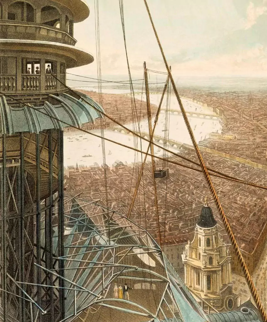 Detail from Bird’s Eye View from the Staircase & the Upper Part of the Pavilion in the Colosseum, Regent’s Park (1829), a colored aquatint by Rudolph Ackermann. The distant image of London you see is not a view to the ground below but rather the painted backdrop of the panorama. 