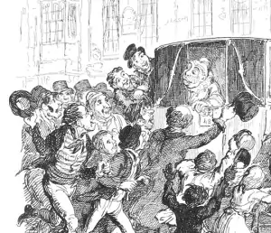 Grimaldi pursued by his adoring fans after he had to run through streets on the way to a show before jumping into a coach—illustration by Cruikshank from the Memoirs.