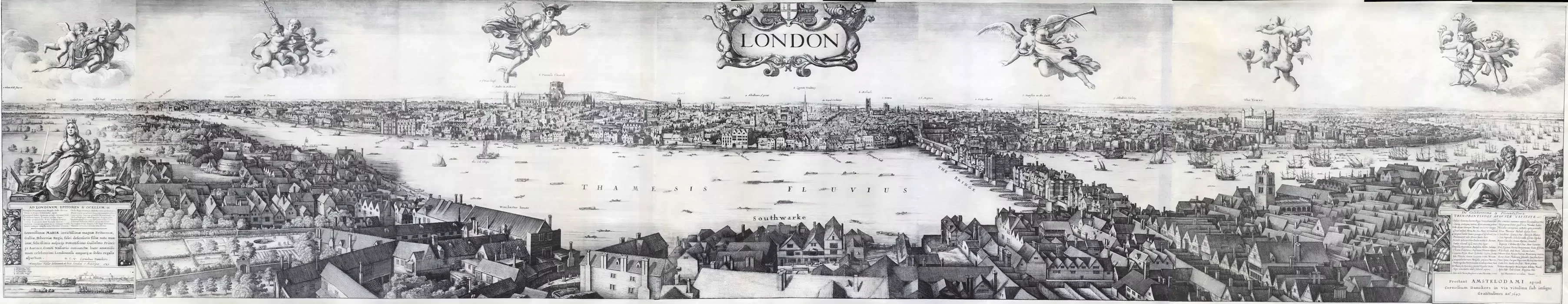 Long View of London from Bankside, a panoramic etching made by Wenceslas Hollar in Antwerp, 1647. The image is six plates that join together, each consisting of drawings made from a single viewpoint, the tower of St. Saviour in Southwark (now Southwark Cathedral)