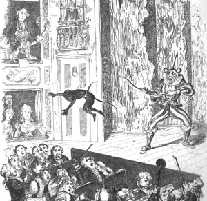 A young Joseph Grimaldi, dressed as a monkey, getting propelled into the audience when the rope his father was swinging him round by snapped - illustration by George Cruikshank from the Memoirs.