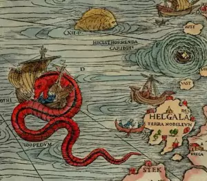 The original Sea Orm. Detail from Magnus’s Carta Marina of 1539 showing a bright red monster encircling a ship off the coast of Norway with maelstrom whirling away to the right. 