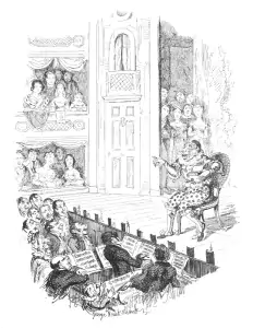 Grimaldi delivering his 'last song' at his final performance in 1828, at this stage of his life too weak to stand and so remaining sitting throughout—illustration by Cruikshank from the Memoirs.