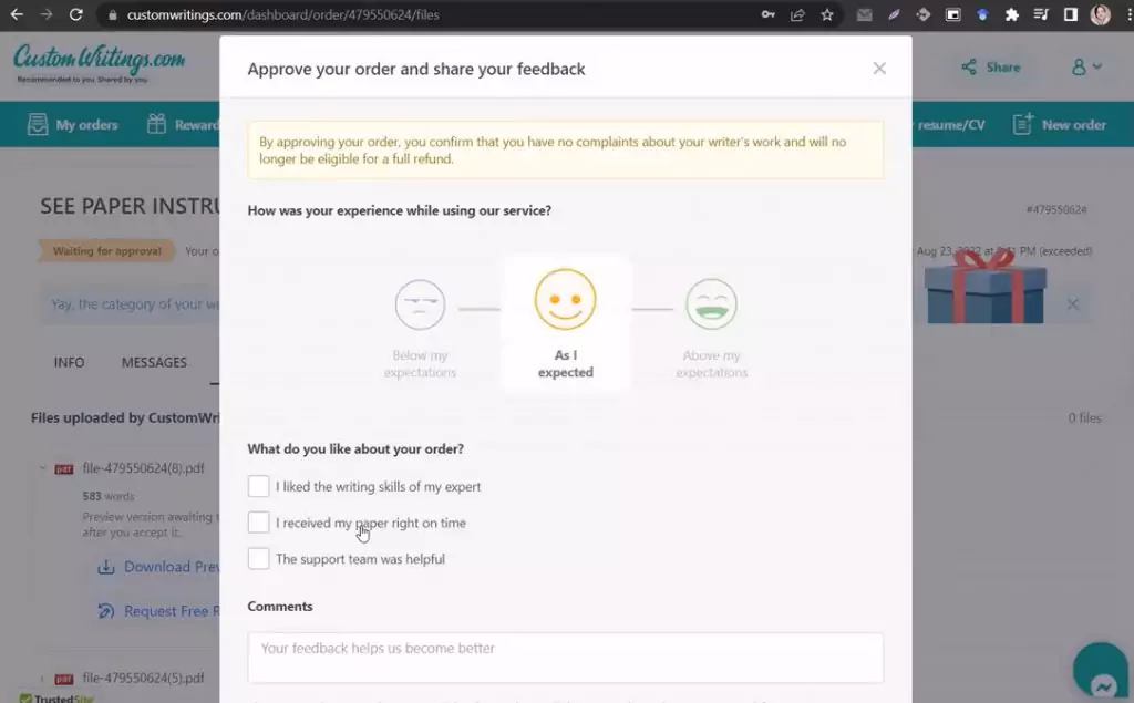 A screenshot of feedback form at customwritings