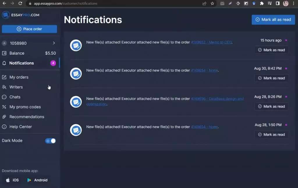 A screenshot of notifications we received about our orders at essaypro