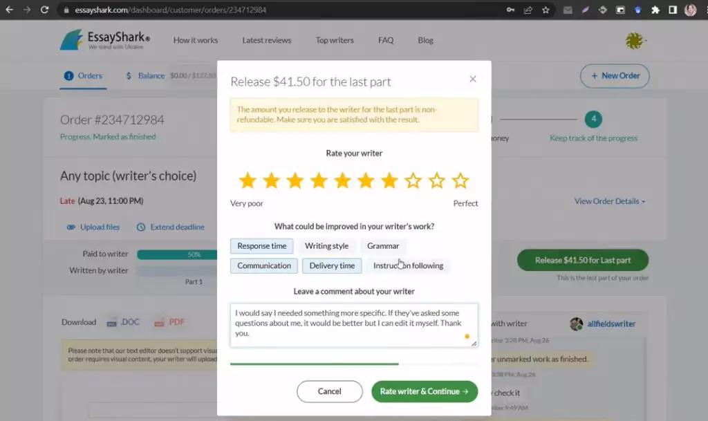 A screenshot of releasing payment at essayshark