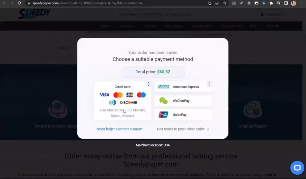 A screenshot of payment options at speedypaper