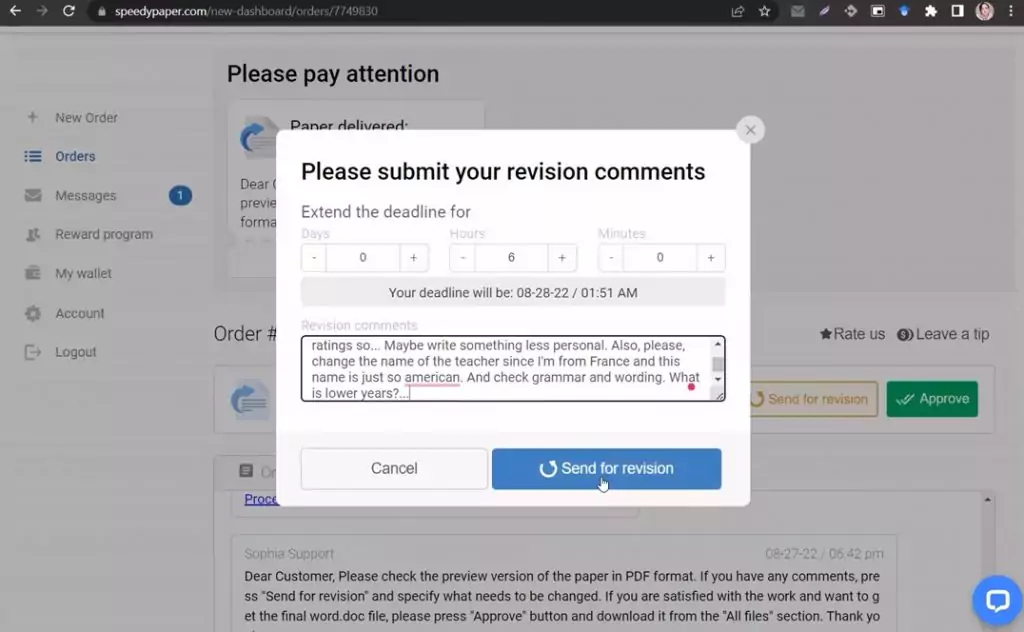 A screenshot of submitting our revision comments at speedypaper