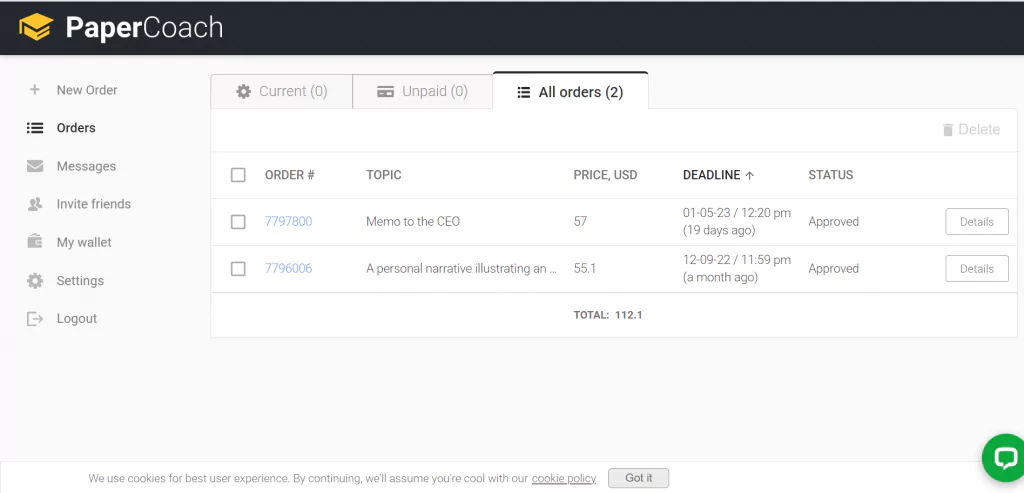 A screenshot of our orders at papercoach