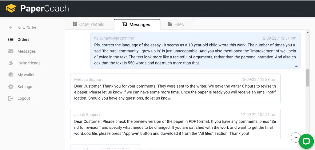 A screenshot of asking for revisions at papercoach