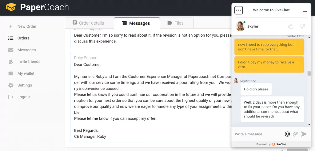 A screenshot of asking support to deal with our problem at papercoach