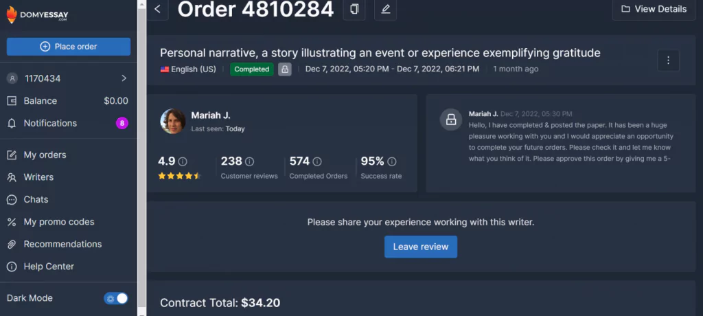 A screenshot of domyessay’s order page
