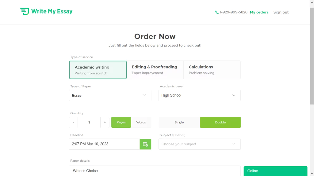 A screenshot of our order form at writemyessays