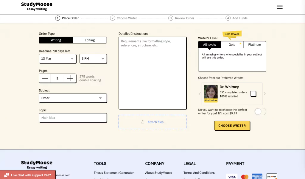 A screenshot of order form at studymoose