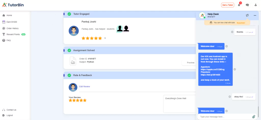 A screenshot of our chat with the support team at tutorbin