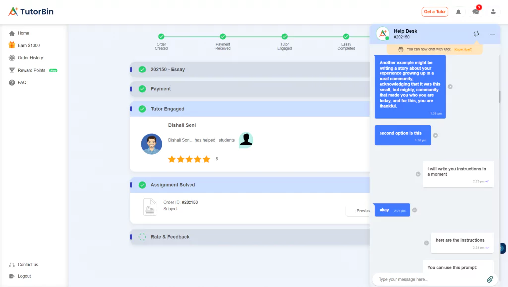 A screenshot of help desk at Tutorbin