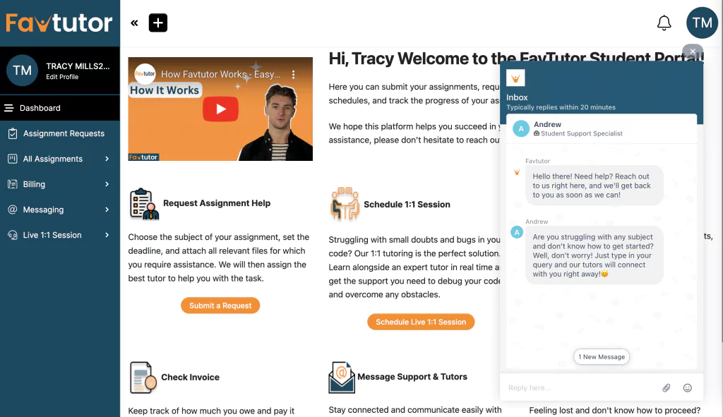 A screenshot of support chat at favtutor
