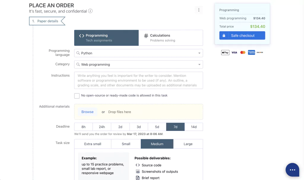 A screenshot of order form at cwassignments