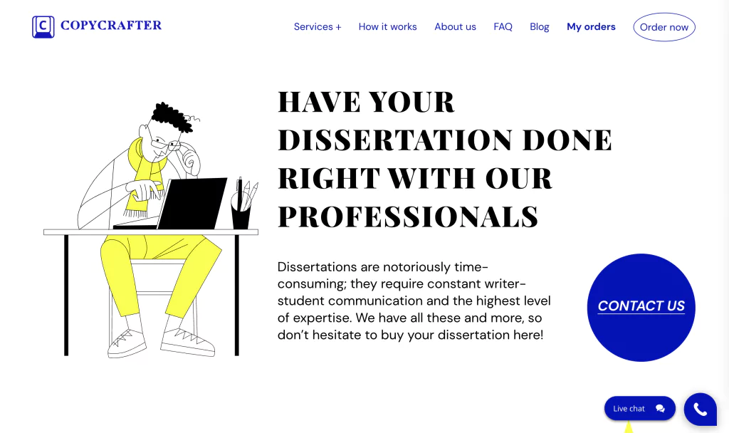 A screenshot of the CopyCrafter homepage from the list of dissertation writing service reviews