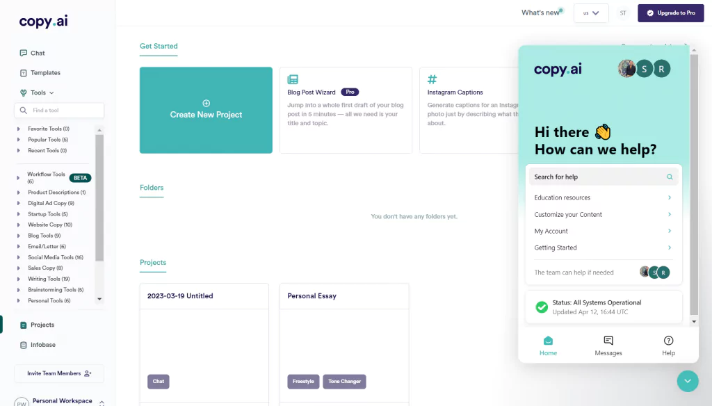 A screenshot of support chat at copy.ai
