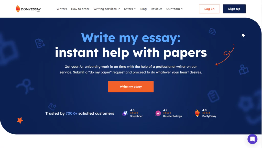 A screenshot of the Domyessay homepage from the list of cheap writing services