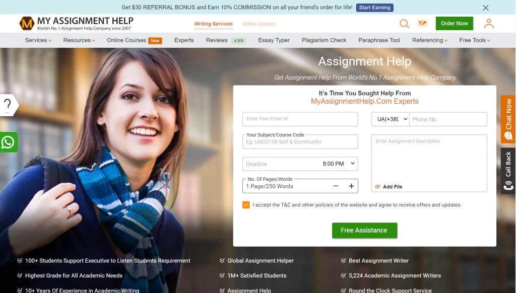 A screenshot of the MyAssignmentHelp homepage from the list of cheap essay writing services