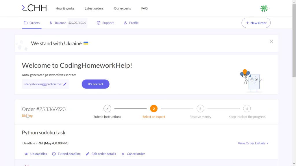 A screenshot of dashboard at codinghomeworkhelp