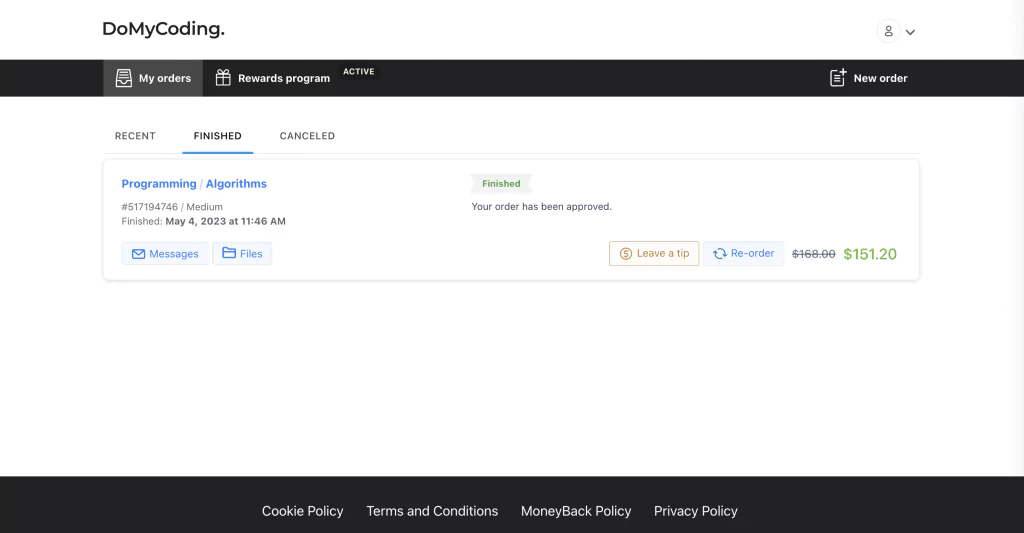 A screenshot of my orders page at domycoding