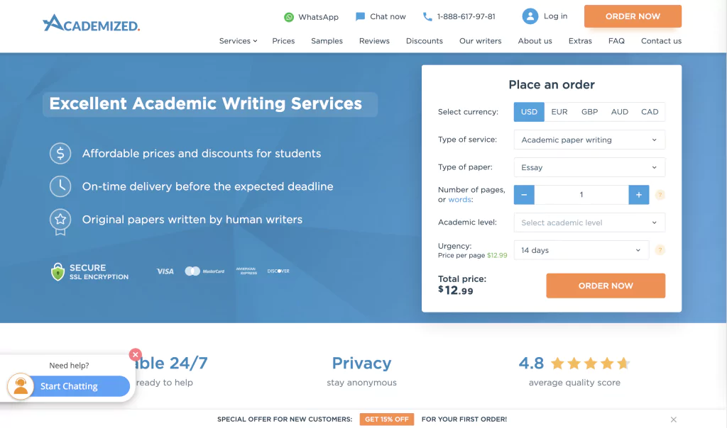 A screenshot of the Academized homepage