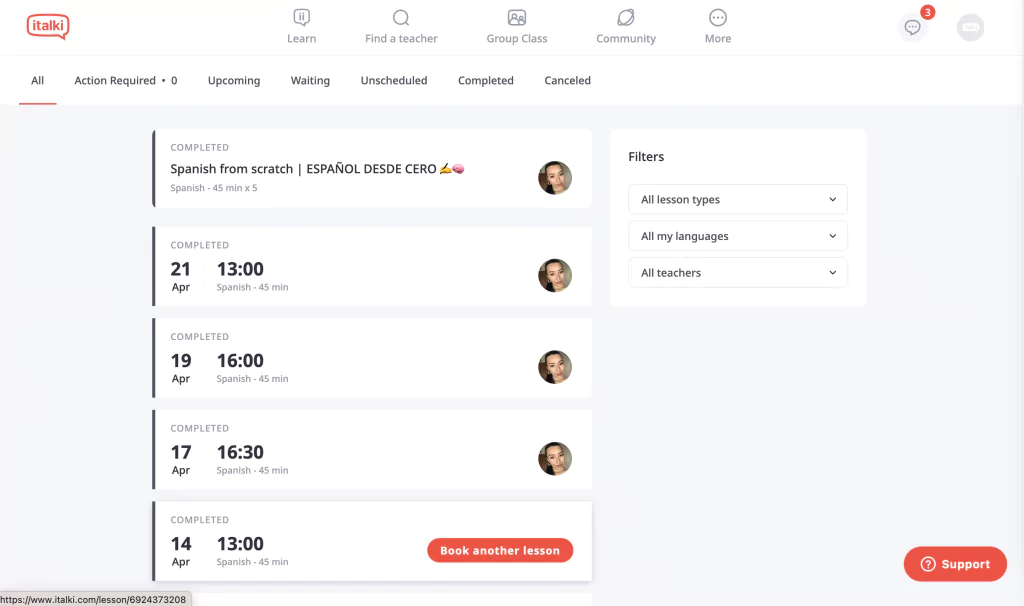 A screenshot of my lessons view at italki