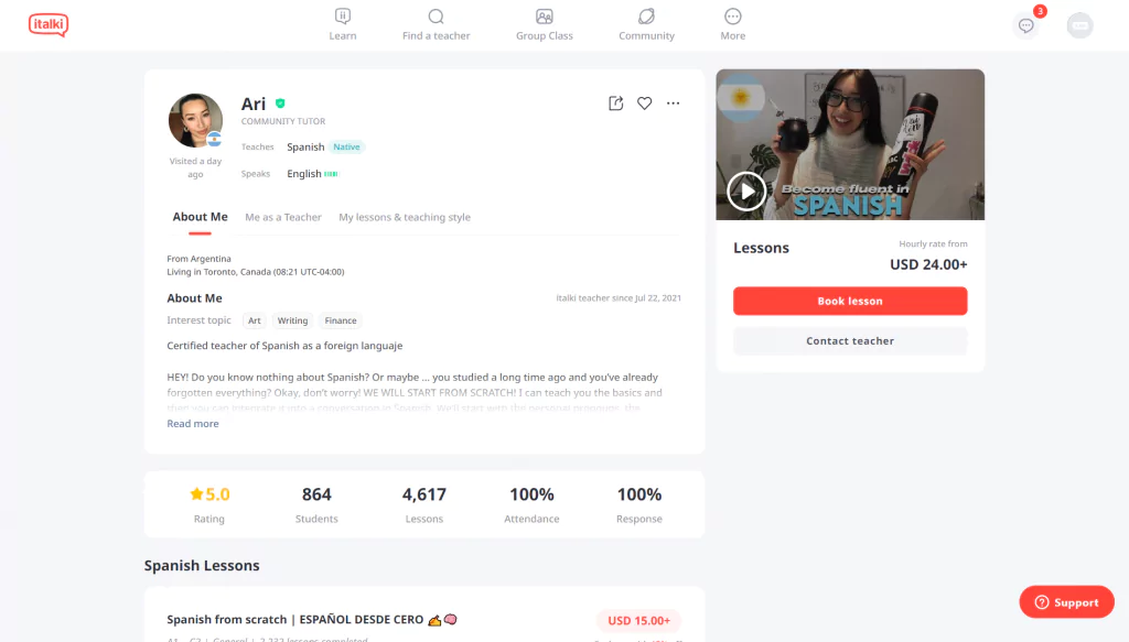 A screenshot of tutor’s card at italki