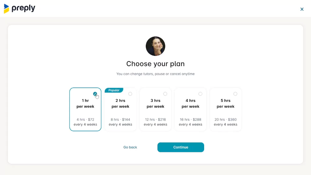 A screenshot of available plans at preply