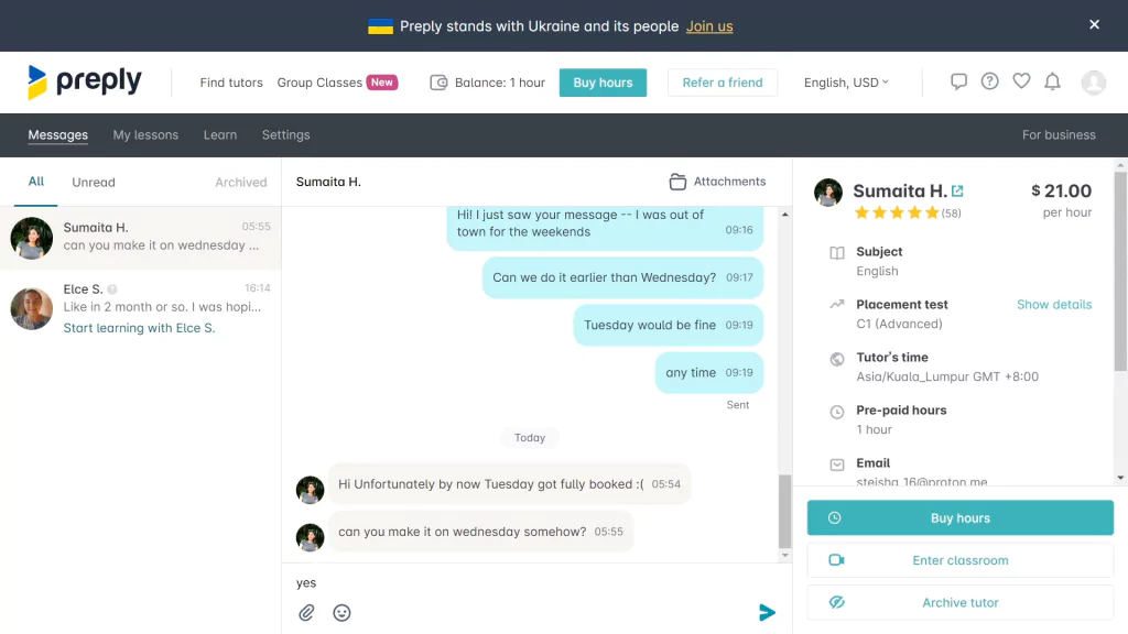 A screenshot of communication with a tutor at preply