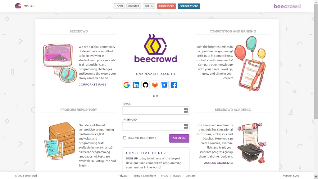 A screenshot of the Beecrowd homepage from the list of coding challenge sites