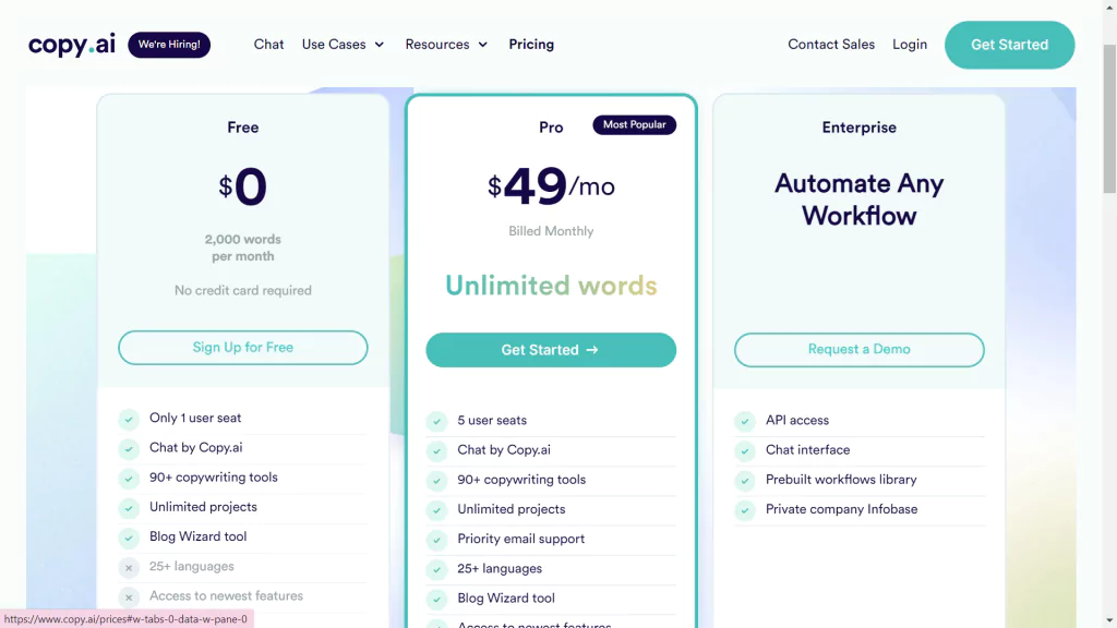 A screenshot of pricing plans at copyai
