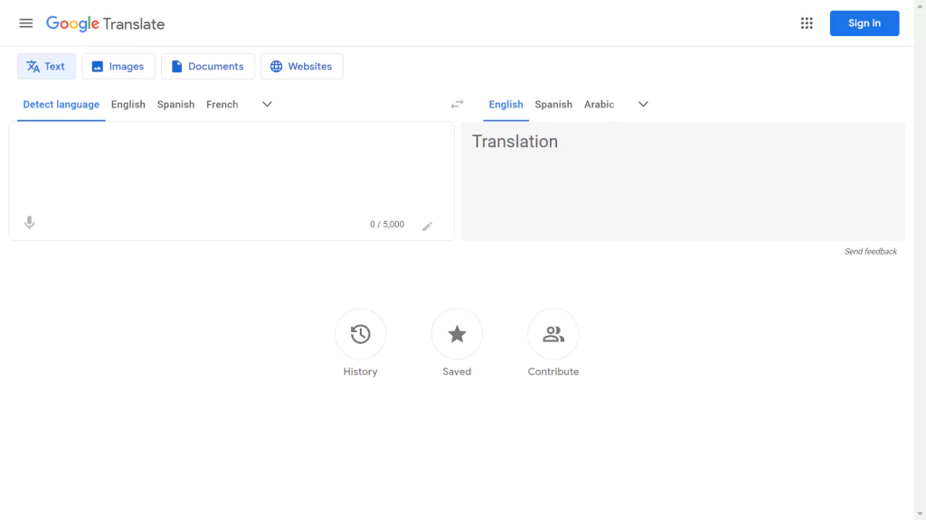 A screenshot of the Google Translate homepage from the list of ai translation tools