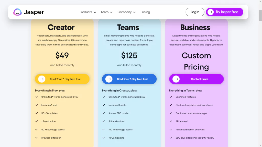 A screenshot of pricing plans at jasper