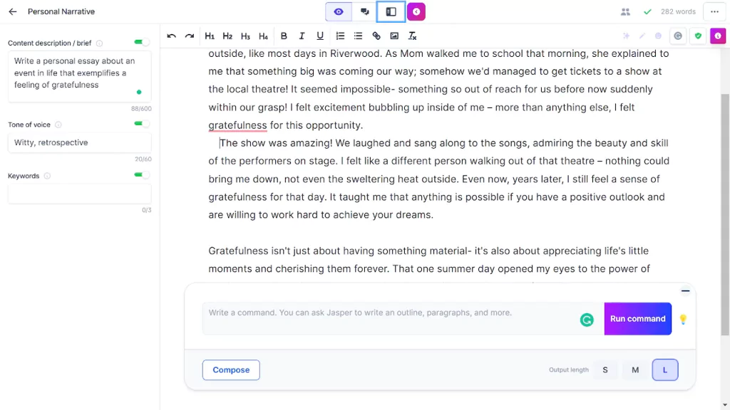 A screenshot of essay creation process at jasper