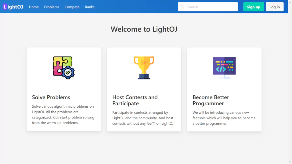 A screenshot of the LightOJ homepage
