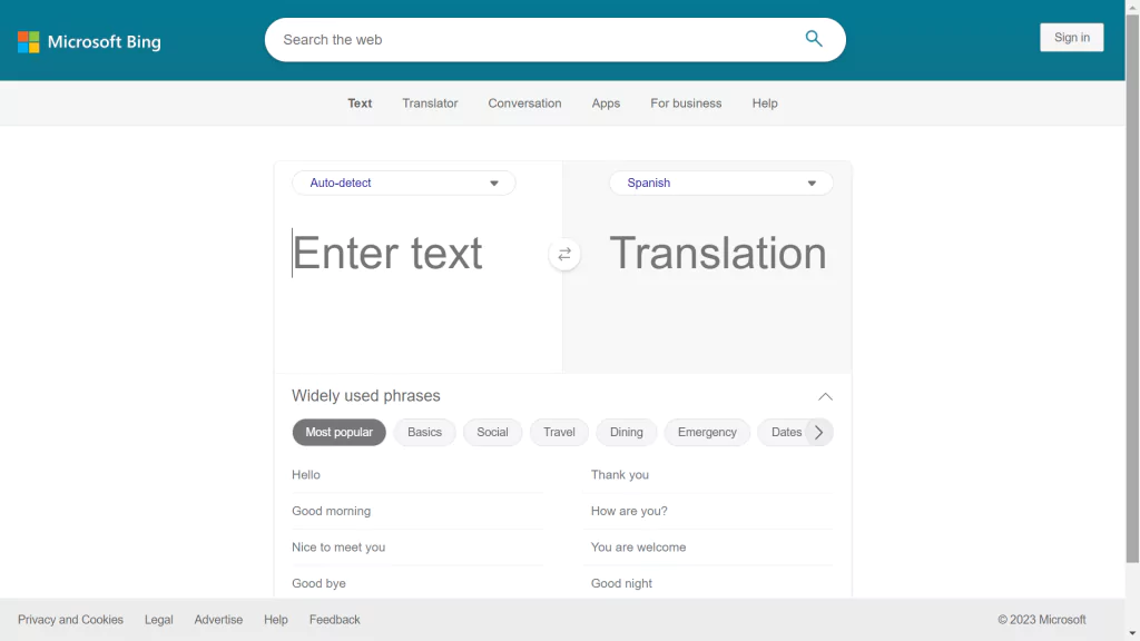 A screenshot of the Bing Microsoft Translator homepage from the list of best ai translators