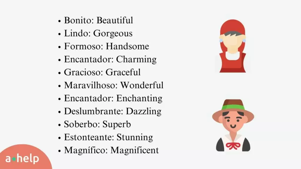 An infographic that gives an aswer to the question how to say beautiful in portuguese