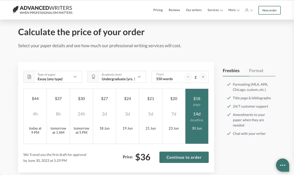 A screenshot of paper price estimation at advancedwriters