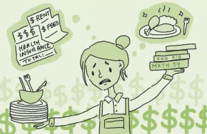 An illustration of a student struggling to balance between her job and college duties.