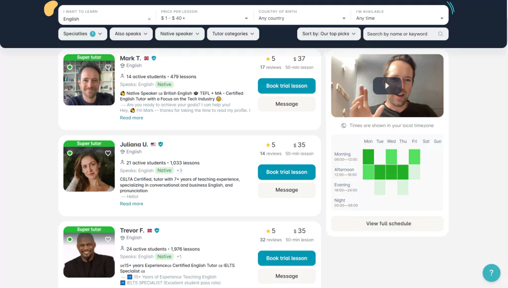 A screenshot of tutor browsing at Preply