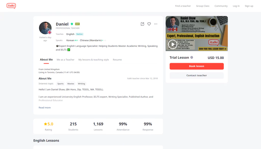 A screenshot of tutor’s profile at iTalki