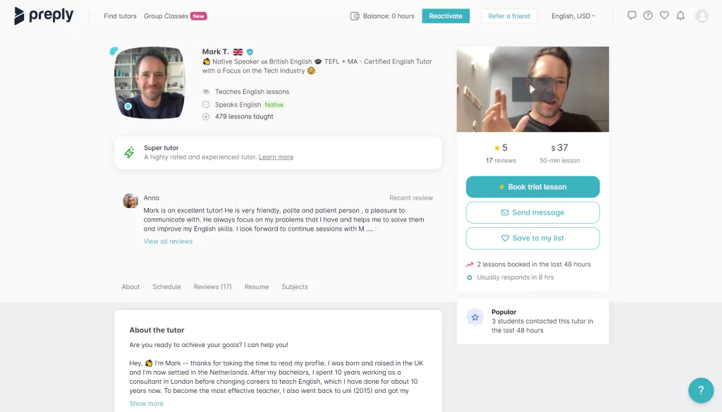 A screenshot of teacher profile at Preply