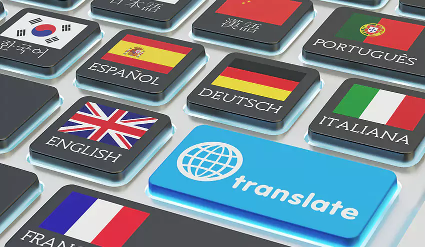An illustration of multiple languages though the images of nations' flags on keys of a keyboard. 
