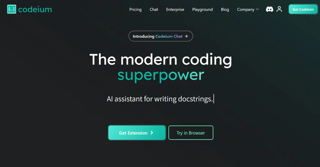 A screenshot of the Codeium homepage from the list of ai coding services